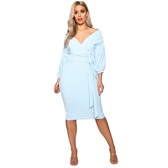 Boohoo NWT Sky Blue Midi Side Tie V-neck Dress Size 18 - Picture 1 of 5